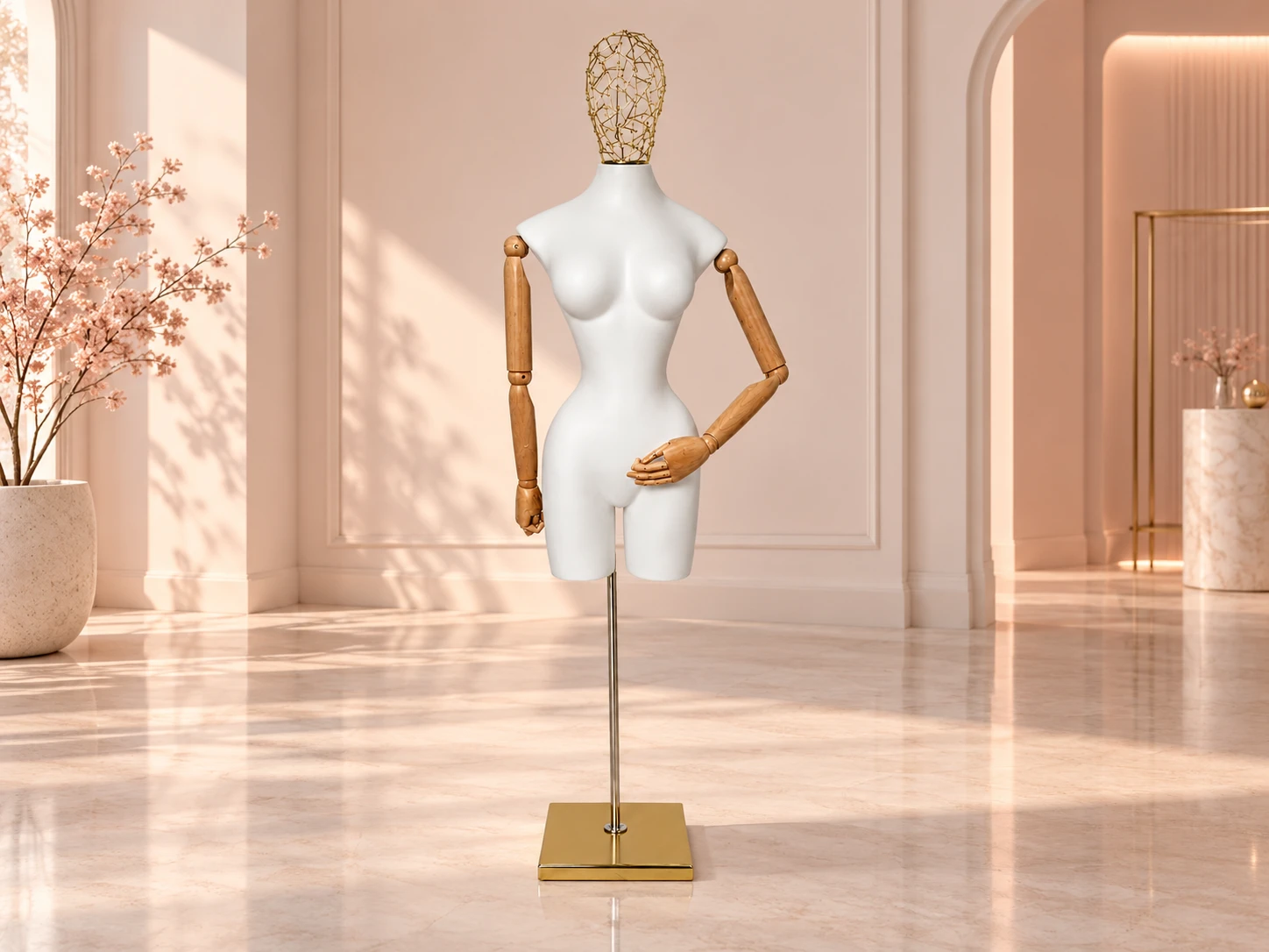 Maniquí femenino en un showroom de tonos marfil y dorado