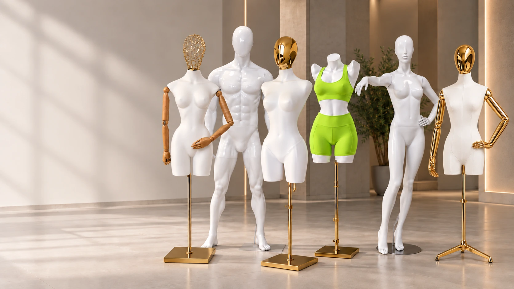 Colección de seis maniquíes blancos con acabados de madera y dorados en un showroom